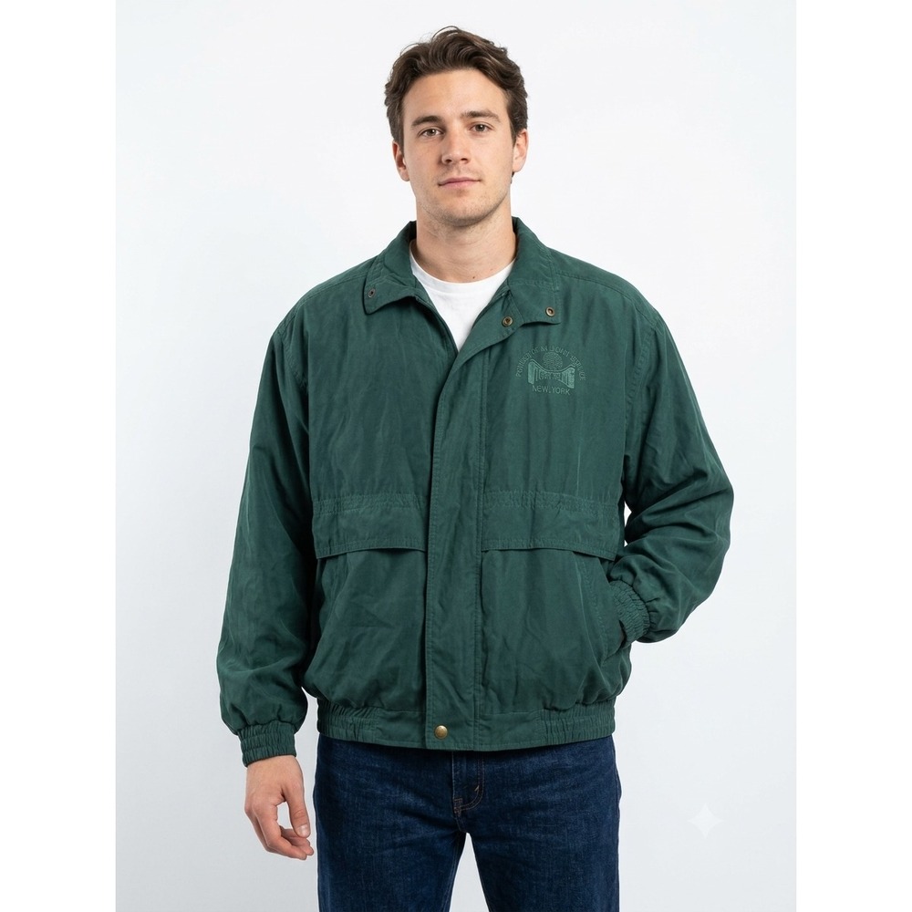 VTG Hilton Active Apparel Bomber Jacket Mens L Green Silk Lined Full Zip 90s